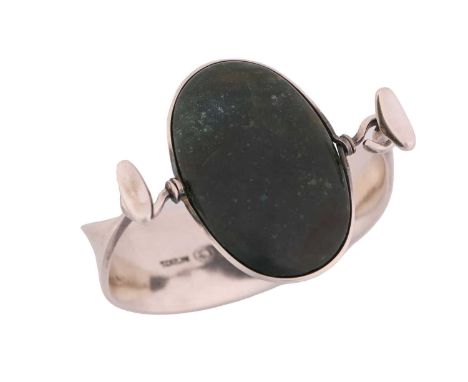 Georg Jensen - 'Arm Ring' with moss agate, a tension clamp opening bangle with an oval moss agate panel set in a ring mount, 