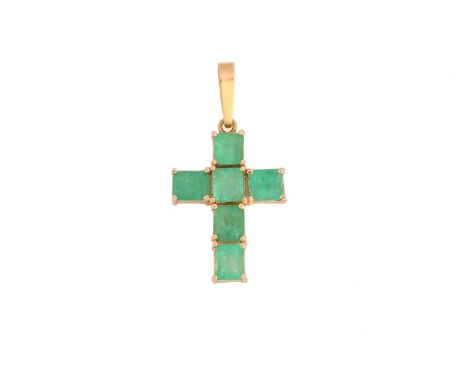 A cross pendant set with emeralds, comprising six square emerald-cut emeralds claw-set in cruciform mount, on a simple bail, 