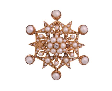 A star cluster convertible brooch set with pearls, scintillating with an old-cut diamond at the centre, encircled by split pe