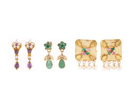 Three pairs of gem-set earrings in high carat; to include a pair of earrings set with white and purple cubic zirconias, to 22