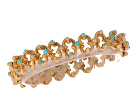 A gem-set expandable bracelet, each link alternatively set with turquoise and seed pearls, hinges signed 'Baden Patent', stam