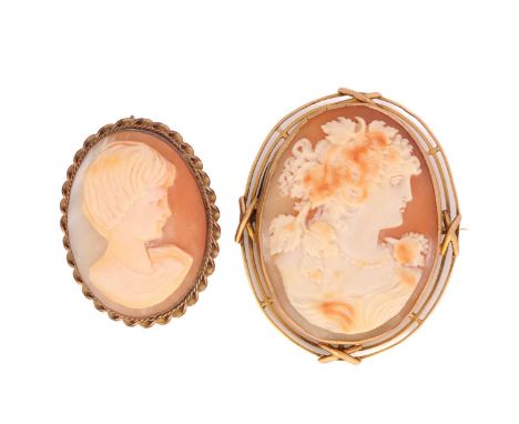 Two cameos, the first shell cameo features a profile of a lady facing right with vines in her hair surrounded by yellow metal