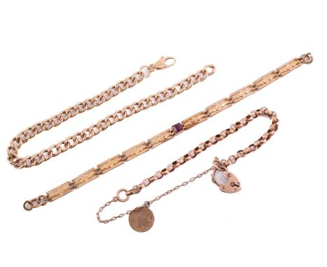 Three chain bracelets; the first consists of faceted belcher links in 9ct rose gold, connected by a heart-shaped padlock, an 