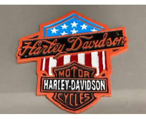 Cast metal Harley Davidson USA flag plaque