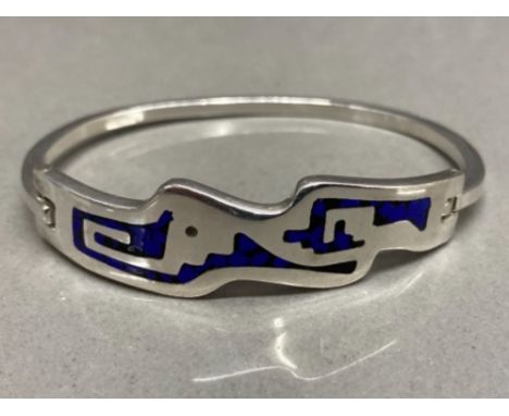 Silver 925 bangle with blue enamel design 23.9g gross