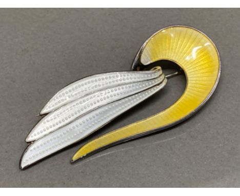 Large Norwegian sterling silver brooch with white &amp; yellow enamel