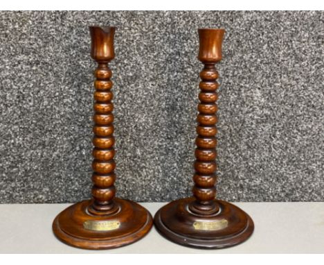 Pair of bobbin turned oak candlesticks with brass plaque - relating to HMS Lion at Jutland