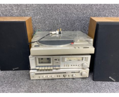 Hitachi stereo cassette tape deck, loudness tape monitor, turntable &amp; pair of speakers