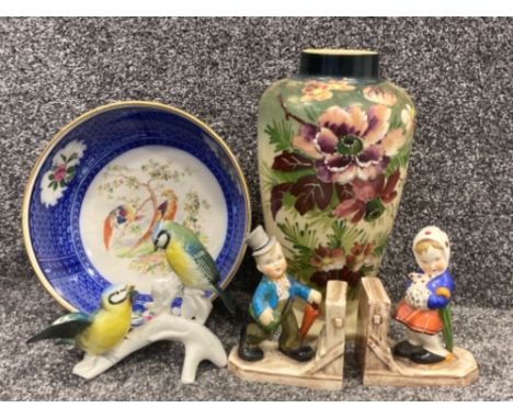 Job lot comprising of Royal Doulton bowl, Victorian hand painted vase, ceramic Hummel style bookends &amp; China bird ornamen