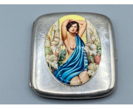 A hallmarked Birmingham silver 1923 case with enamel nude plaque to the front, 126.5G gross