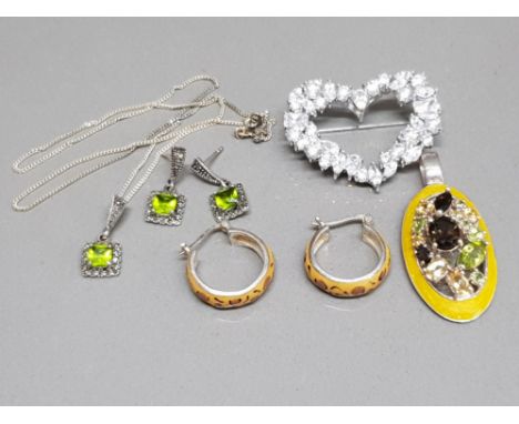 Silver and CZ heart shaped brooch, silver and enamel pendant and earrings etc