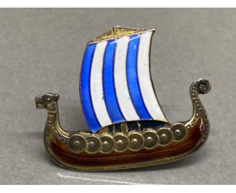 Norwegian silver &amp; enamel Viking boat brooch