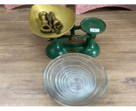Total of 9 French Duralex clear mixing bowls &amp; cast iron shop scales with loose weights