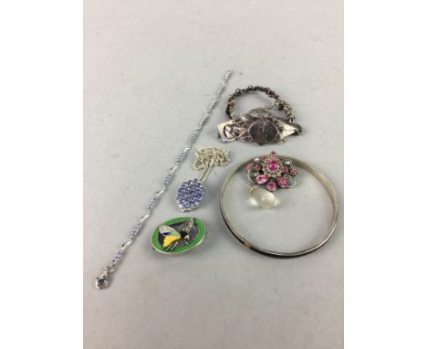 SILVER AND TANZANITE PENDANT, along with a similar bracelet, both certificated, along with an enamel brooch and other items t