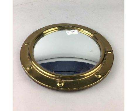 BRASS BOUND CONVEX MIRROR, 28cm diameter, along with a circular framed needlework and two framed prints of planters (4)