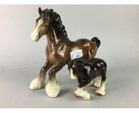 BESWICK CLYDESDALE CERAMIC HORSE, 23cm high, along with various other horse figures and a ceramic camel (10)