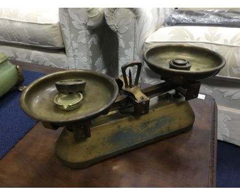 SET OF VINTAGE POSTAL SCALES, along with a pewter quaich and a walking stick with a brass handle shaped as a horse head (3)