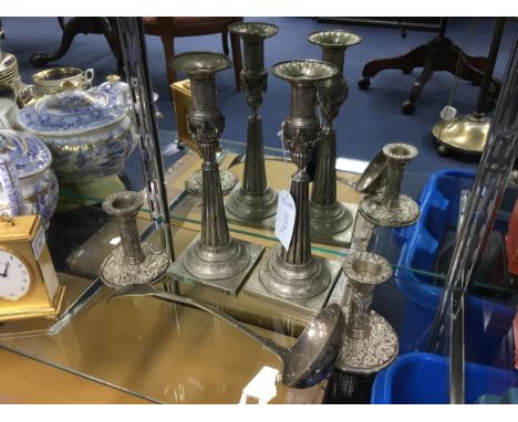 PAIR OF SILVER CANDLESTICKS, Birmingham marks, 10cm high, along with a pair of silver plated candlesticks, an Imhof carriage 