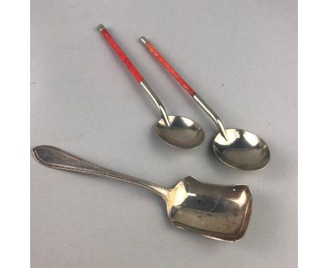 SET OF SIX SILVER COFFEE SPOONS, with long ship ends, along with a silver caddy spoon, Chinese silver teaspoon and five coral