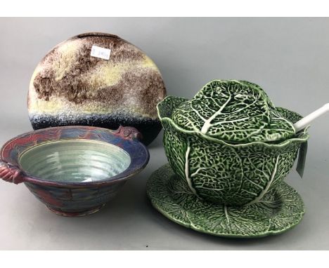 CERAMIC TUREEN WITH COVER, LADLE AND STAND, with cabbage decoration, 26cm diameter, along with a German studio pottery vase a