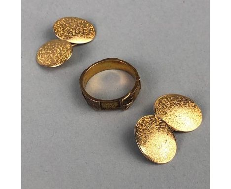 PAIR OF FIFTEEN CARAT GOLD CUFFLINKS, along with a fifteen carat gold mourning ring formed as a buckle, with hair aperture, a