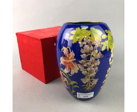 JAPANESE LILY AND WISTERIA CLOISONNE ENAMEL VASE, with box, 18.5cm high