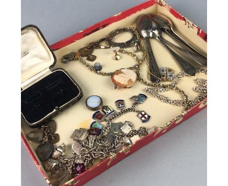 SILVER CHARM BRACELET, along with a silver locket, silver gilt cufflinks, fob, kilt brooch and other jewellery and a set of s