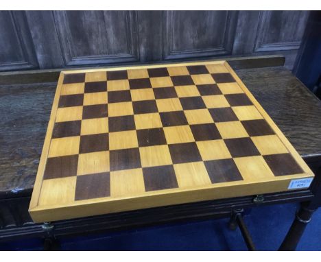 STAINED WOOD CHESS BOARD, 34cm square, along with another stained wood chess board (2)
