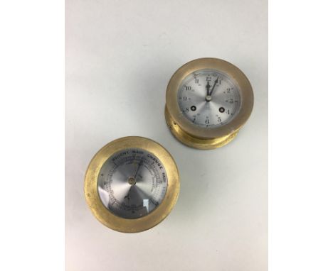 BRASS CASED SHIP'S BAROMETER, by Schatz, along with a brass cased Schatz clock (2)