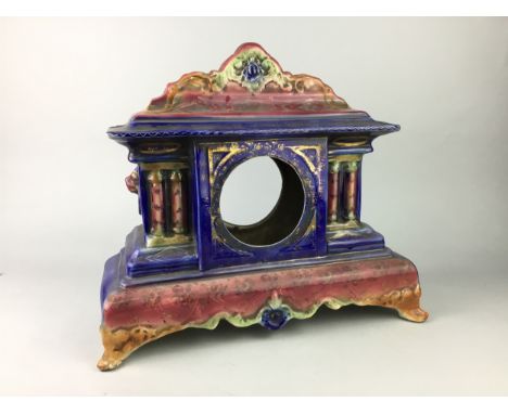 LARGE POLYCHROME CERAMIC CLOCK CASING, 36cm high