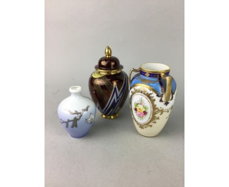 CARLTON WARE JAR AND COVER, 17cm high, along with a Royal Copenhagen miniature vase, a Noritake three handled vase, a ceramic