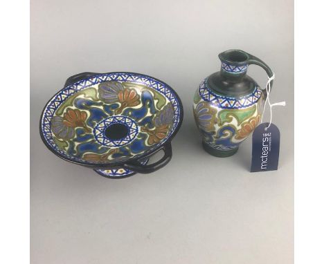 GOUDA JUG AND COMPORT, the jug 14cm high, along with handpainted ceramic bowls, vases and dishes including Limoges and contin