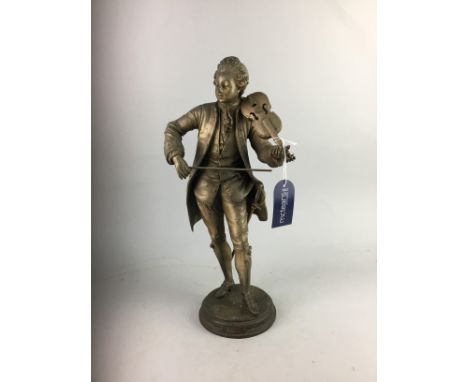 19TH CENTURY SPELTER FIGURE OF A VIOLINIST, along with two cased vanity sets and an American shelf clock