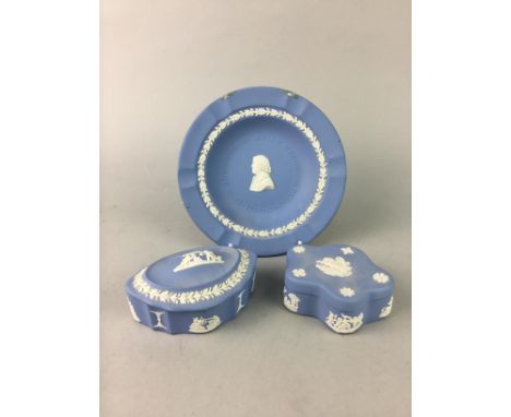 TWO WEDGWOOD JASPERWARE TRINKET BOXES, along with a similar dish, a collection of ceramics including two Limoges miniature ce