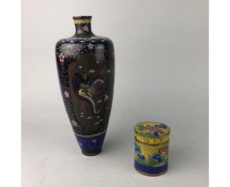 CHINESE CLOISONNE ENAMEL VASE, depicting foliage, birds and a dragon, 28cm high, along with a cloisonne enamel lidded box and