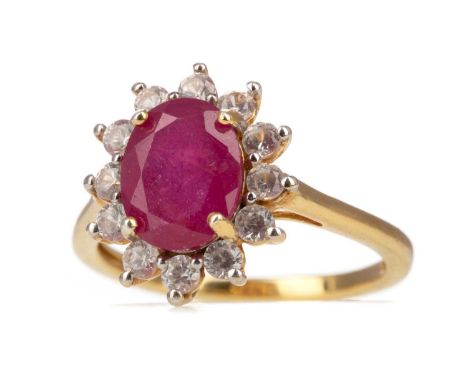 RUBY AND GEM SET RING,the round ruby within a halo of white gems, marked 925, size M100