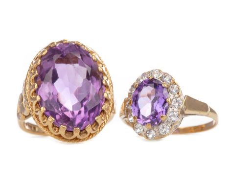 TWO AMETHYST RINGS,each set in nine carat gold, size L and N, 9.4g (2)