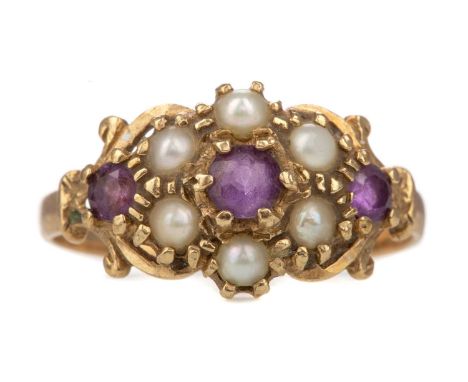 AMETHYST AND PEARL RING,set with three round amethysts and seed pearls, in nine carat gold, size M 1/2, 1.9g