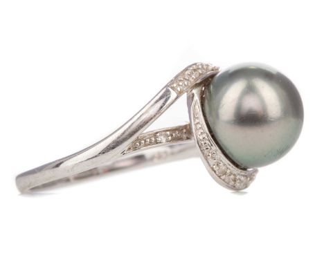 TAHITIAN PEARL AND DIAMOND RING,the spherical pearl within a crossover setting set with diamond chips, marked 18K, size O, 4.