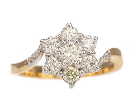 DIAMOND CLUSTER RING,set with round brilliant cut diamonds, on diamond shoulders totalling approximately 1.00 carat, in eight