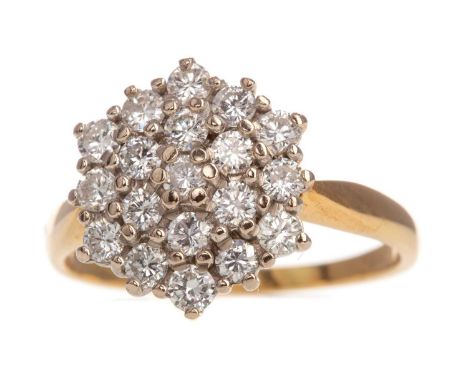 DIAMOND CLUSTER RING,set with round brilliant cut diamonds totalling approximately 1.00 carat, in eighteen carat gold, size O