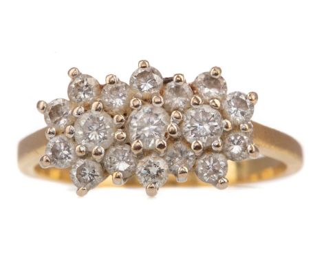 DIAMOND CLUSTER RING,set with round brilliant cut stones totalling approximately 1.00 carat, in eighteen carat gold, size O 1