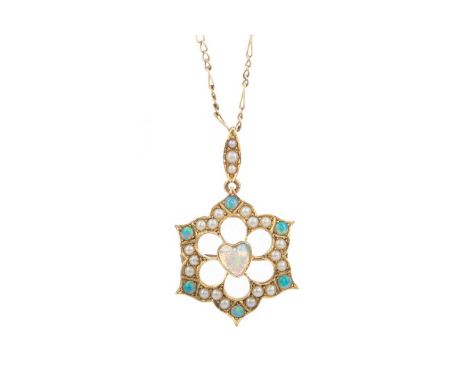 LATE VICTORIAN OPAL AND SEED PEARL BROOCH/PENDANT,set with central heart shaped opal within a border of opals and seed pearls