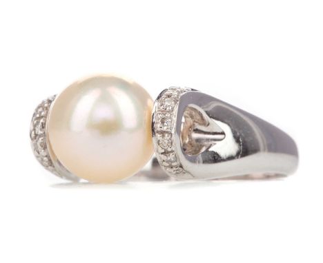 PEARL AND DIAMOND RING,the spherical pearl flanked by diamonds, partially marked 750, size P, 5.7g