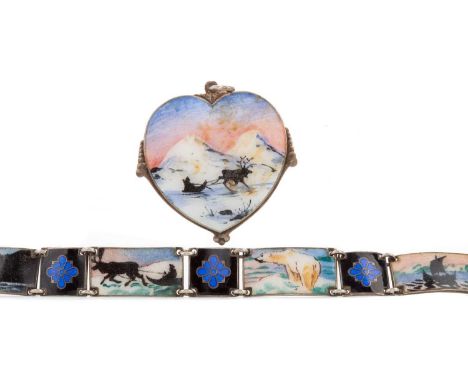 SCANDINAVIAN SILVER AND ENAMEL PENDANT, heart shaped, with pink, white and blue tones, along with a similar bracelet each mar