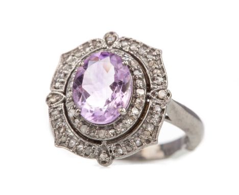 CERTIFICATED AMETHYST AND DIAMOND RING, set with an oval amethyst of approximately 2.70 carats, within a double halo of diamo