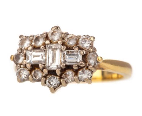 DIAMOND CLUSTER RING,set with emerald cut and round brilliant cut stones totalling approximately 0.90 carats, indistinctly ma