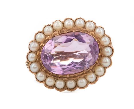 AMETHYST AND PEARL BROOCH,set with an oval amethyst within a seed pearl border, in nine carat rose gold