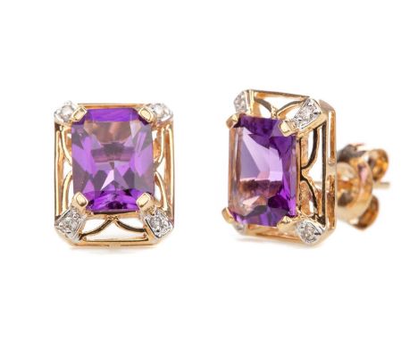 PAIR OF AMETHYST AND DIAMOND EARRINGS,set with step cut amethysts and a diamond chip to each corner, marked 14KGenerally worn