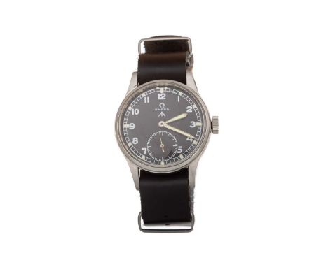 OMEGA STAINLESS STEEL MANUAL WIND 'DIRTY DOZEN' MILITARY WATCH the round black dial with Arabic hour markers, outer railroad 